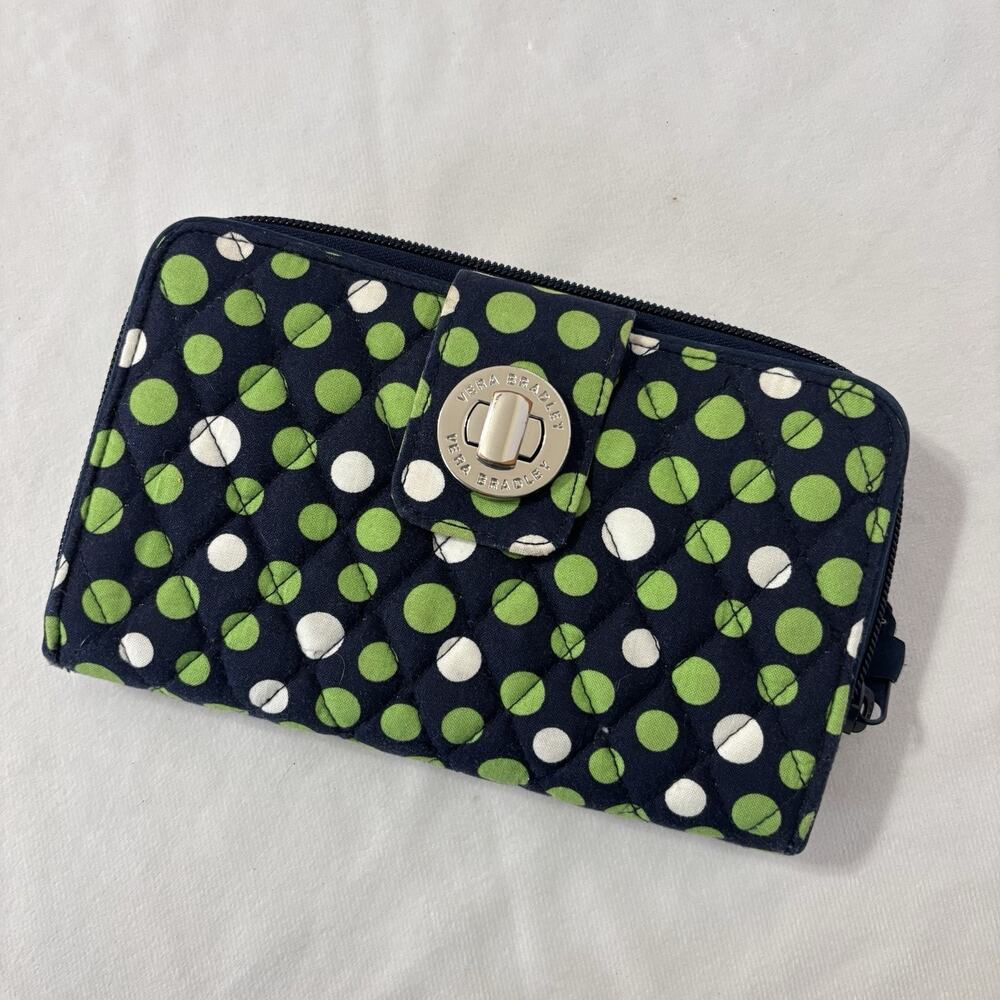 Vera Bradley RFID Turnlock Zip Organizer Wallet Lucky Dots Green White Blue